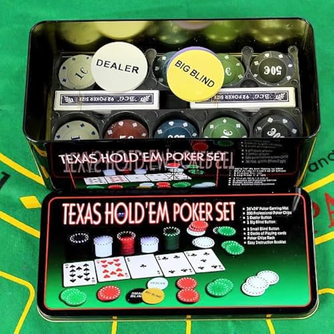 rayihni طقم لعبة البوكر 200 قطعة - يتضمن حصيرة هولدم، 2 مجموعة بطاقات، رقائق، حامل رقائق وصندوق تخزين معدني - مستلزمات ليلة ألعاب ممتعة - حفلة عائلية مع الأصدقاء، عيد ميلاد، عطلة - Image 3